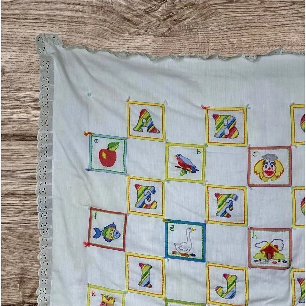 Vintage Hand Embroidered Blanket Baby Blanket Wall Decor Alphabet Patch Work